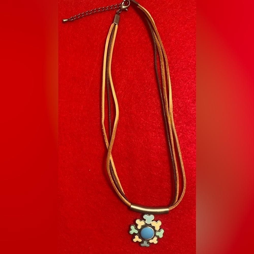 Necklace Tan/Brown Leather Cord w/Silver/Teal/Beige Slide Charm 16” New Vintage